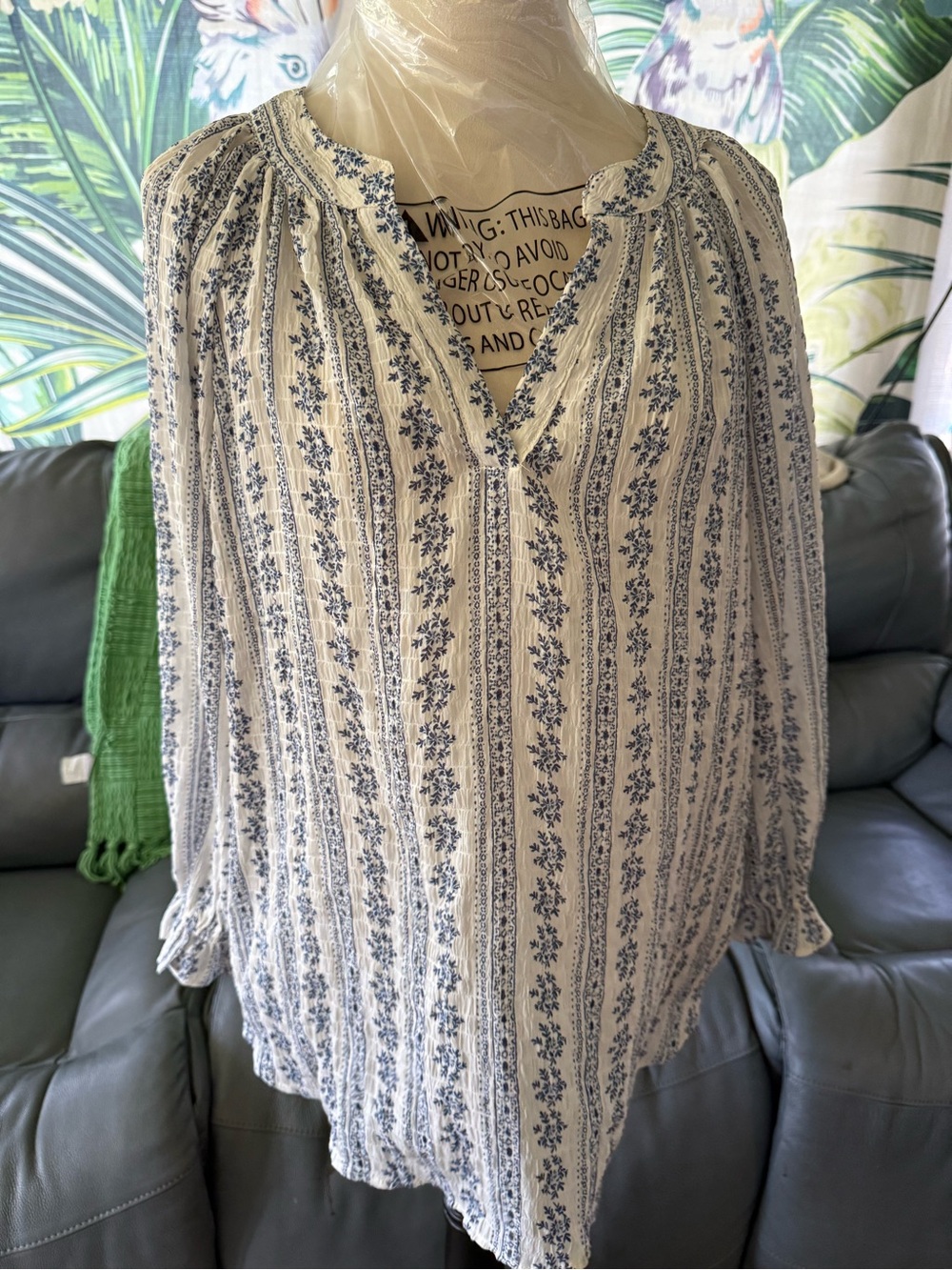 Chenault Cream and Blue Floral Stripe Peasant Blouse